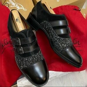 Christian Louboutin Black Leather Omegaboucle Tweed Shoes